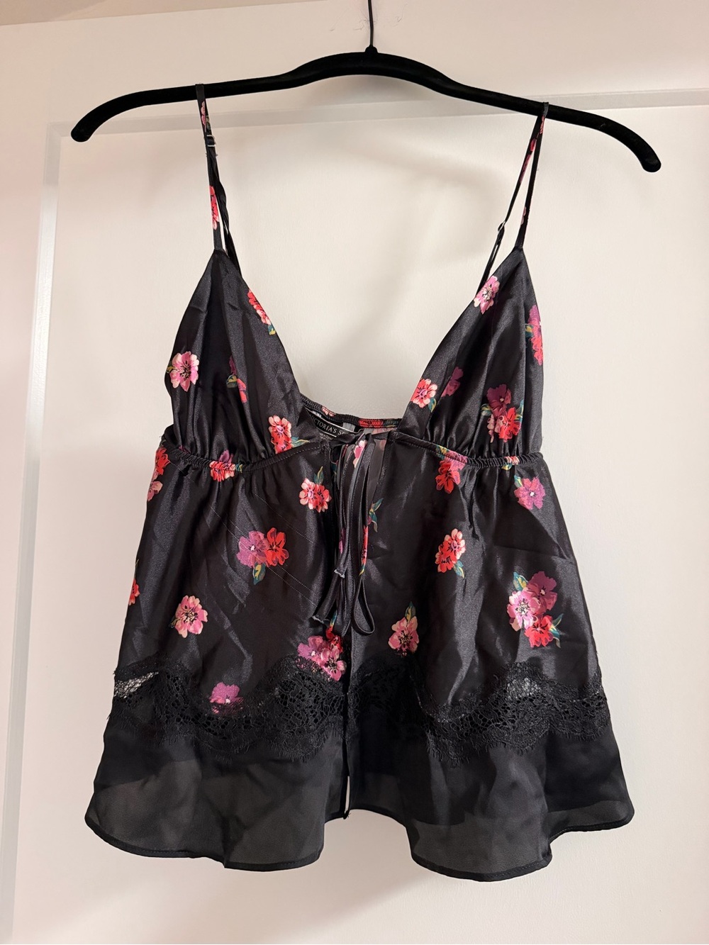 Victoria Secret Floral Satin Lace-Trim Cami Top - Black with Pink Floral